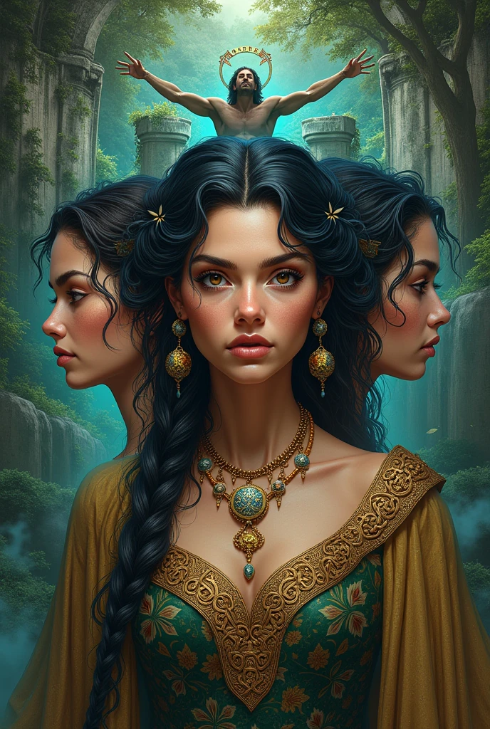 Fantasy book cover on the cover I want the woman to appear in the three phases of her life slave druid and queen the druid and the queen in the background the slave in the center and I want it to mix the Celtic and Brazilian style and on the cover have the name slave druid queen