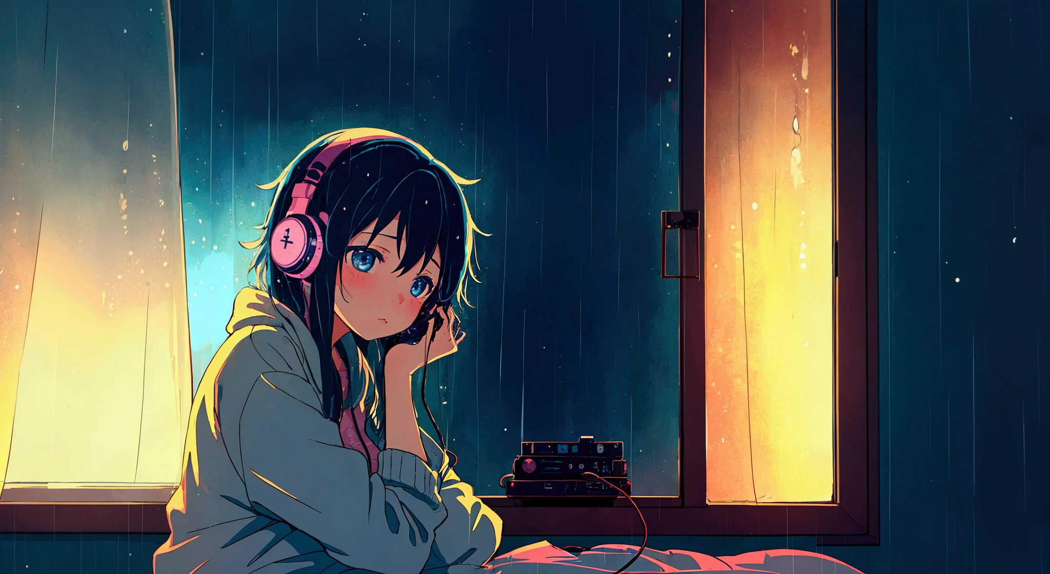 night、Listen to music in a cozy room, Use headphones, 2D Anime Style, Lo-Fi, hard disk, Dark Environment、Emo、It&#39;s raining outside、Big Breasts、You look feels good
