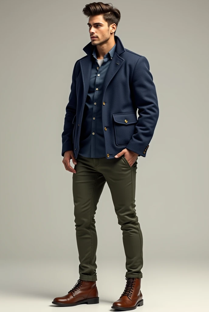 A guy wearing navy blue shirt, navy blue short coat, olive pants and brown shoes