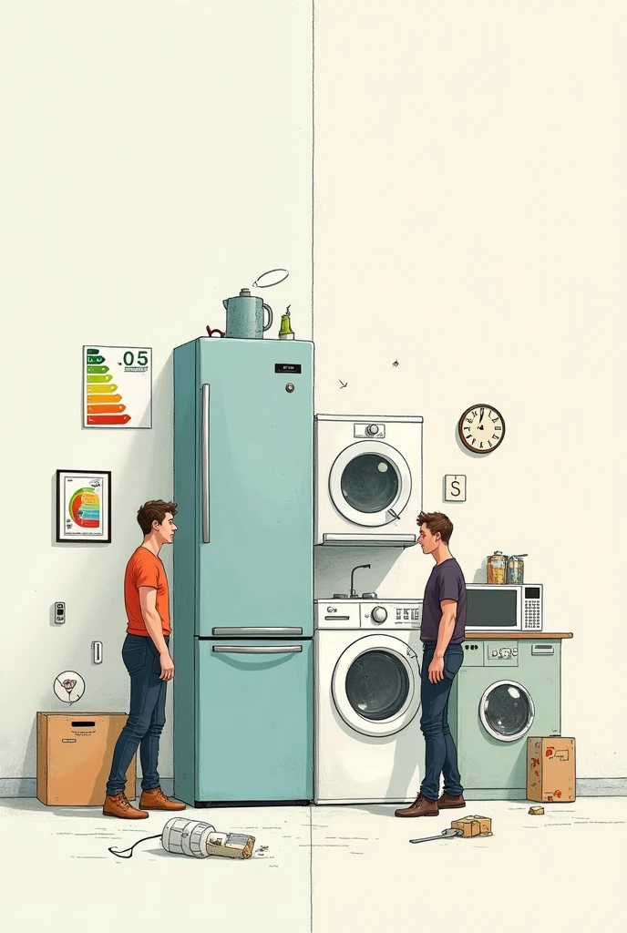 I want a drawing about Conscious Consumption of household appliances, The drawing is divided in half showing a person who practices this Conscious consumption and another who does not.