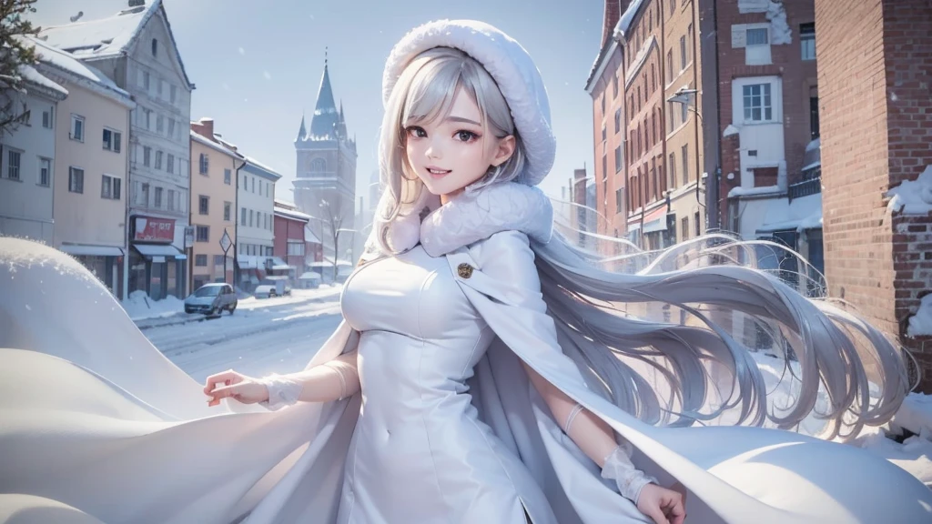 masterpiece、Highest quality、1 girl, winter, white hair, Cute girl, smile, close mouse, medium breasts, white dress, winter clothes, Fur coat、Small waist、Thin legs、outdoors, snow falling