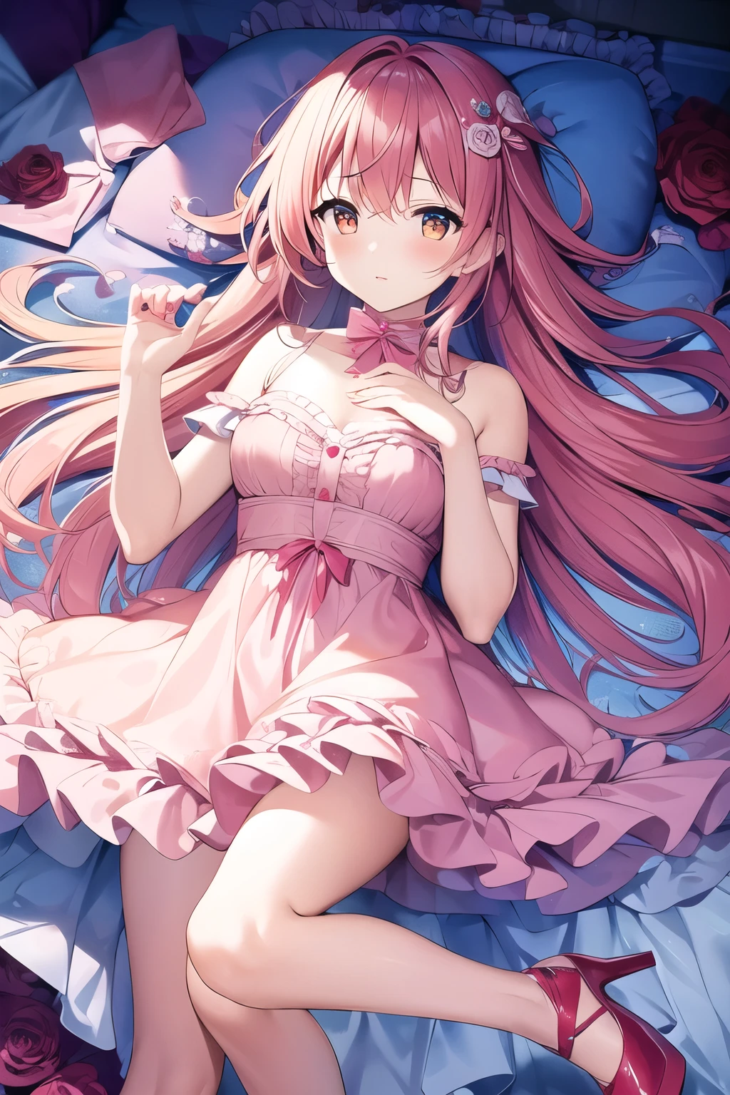 an extremely beautiful girl}, 8k wallpaper, {{{masterpiece}}},1girl,{{seios_grandes}},Bare thigh,{{Very Long Pink Hair}},laying on bed {{{ transparent dress}}},looking at the viewer