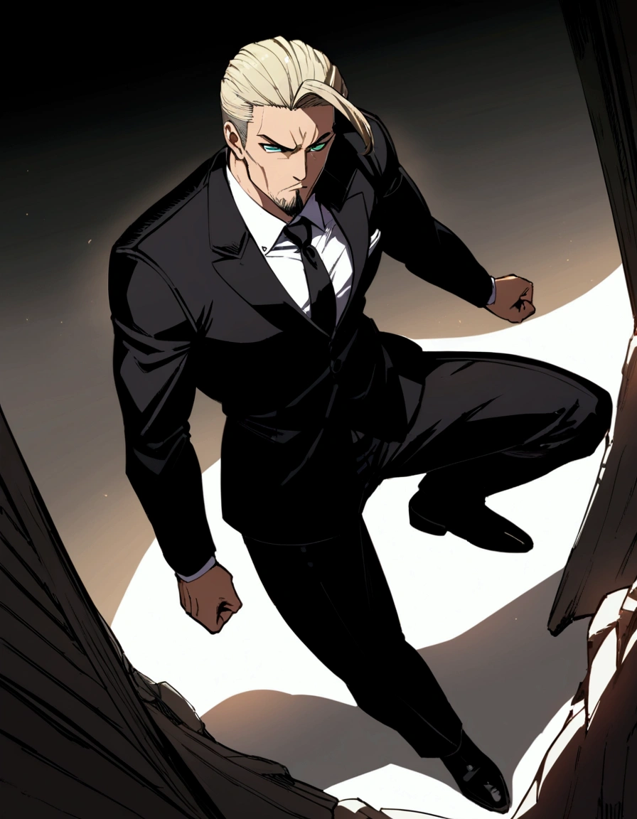 1man, man in black, vigorous mature, business hair with asymmetrical bangs, goatee, green platina blond hair, emerald eyes, BREAK 45yo, charming caucasian, slightly long chiseled face, deep set, angular jaw, facial wrinkles, crewcut, BREAK ideal ratio body proportions, middle weight muscular, beautiful detailed eyes, dark hero, BREAK solo, funeral black suit, black necktie, white shirt, at wall street, detailed background, serious, cool expression, natural standing, BREAK upperlegs, dramatic expression, in persona style, masculine comic art, 2010s, retro visual novel, in newest eroge style, dutch angle, cinematic shadows, cinematic lighting, lens flare, light leaks, texture, absurdres absolutely resolution, extreme all detailed, BREAK masterpiece, best quality