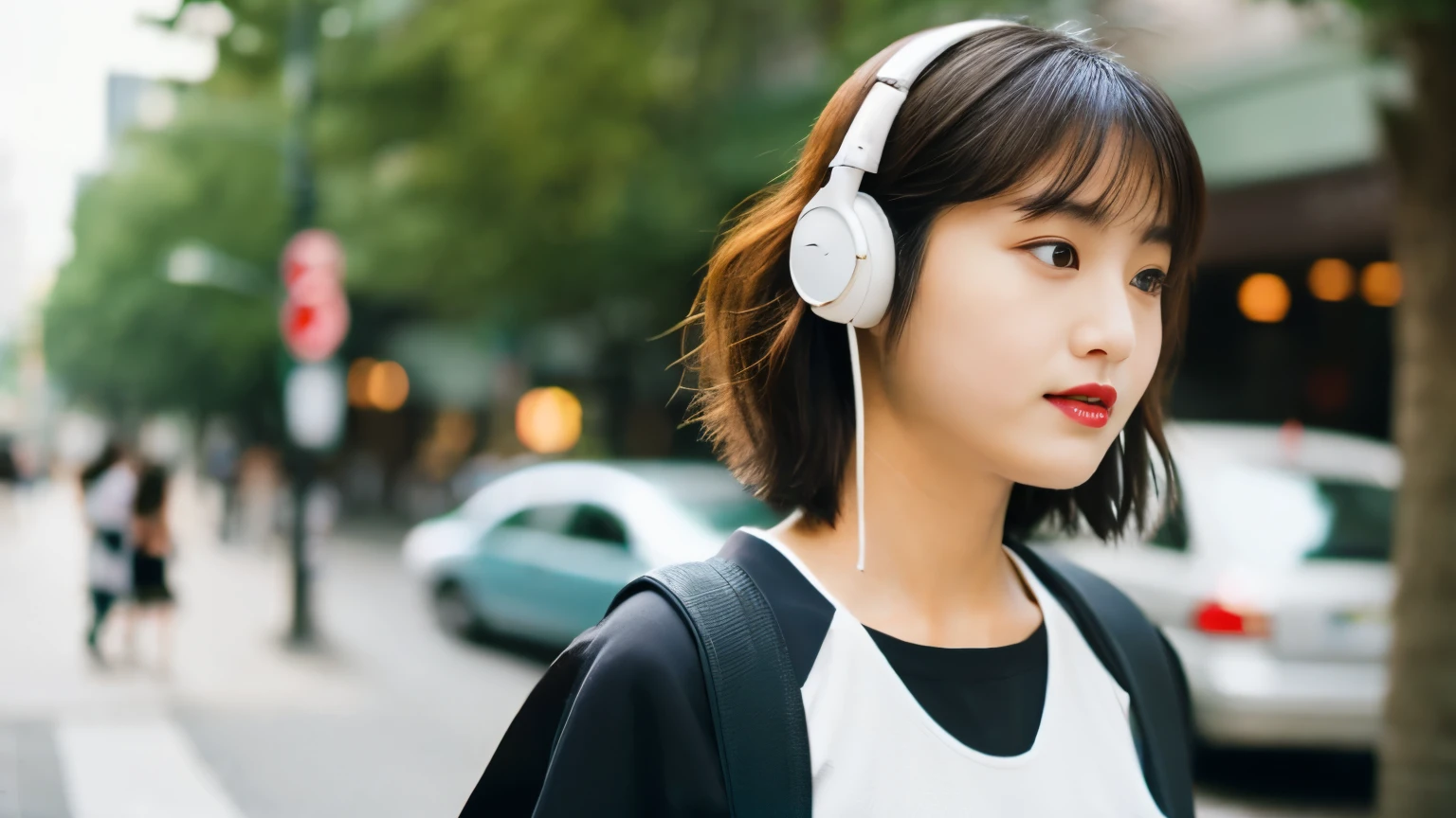 Beautiful Japanese Women, (16 years old), Cute Face, Red lips, White moisturized skin, Feminine body, Wear a jersey,Big earrings, short hair, Short Bob Hair,Blonde,Wavy Hair,Melancholic expression,Walking the streets with headphones on