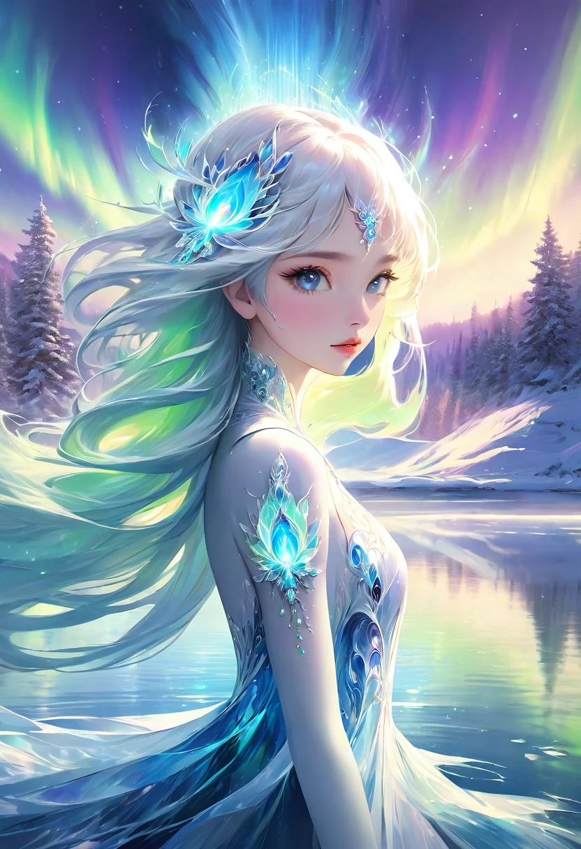 Masterpiece High Resolution Fractal Art Aurora and a beautiful girl with long white and blue hair standing on a lake 1 person Fantasy art Fantastic background Korean style eye makeup Mature 