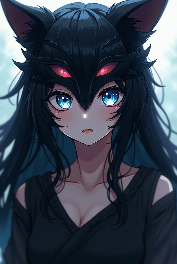 Long Black Hair、Hanging eyes and blue、Draw an anime-style girl wearing a black fox mask on her head