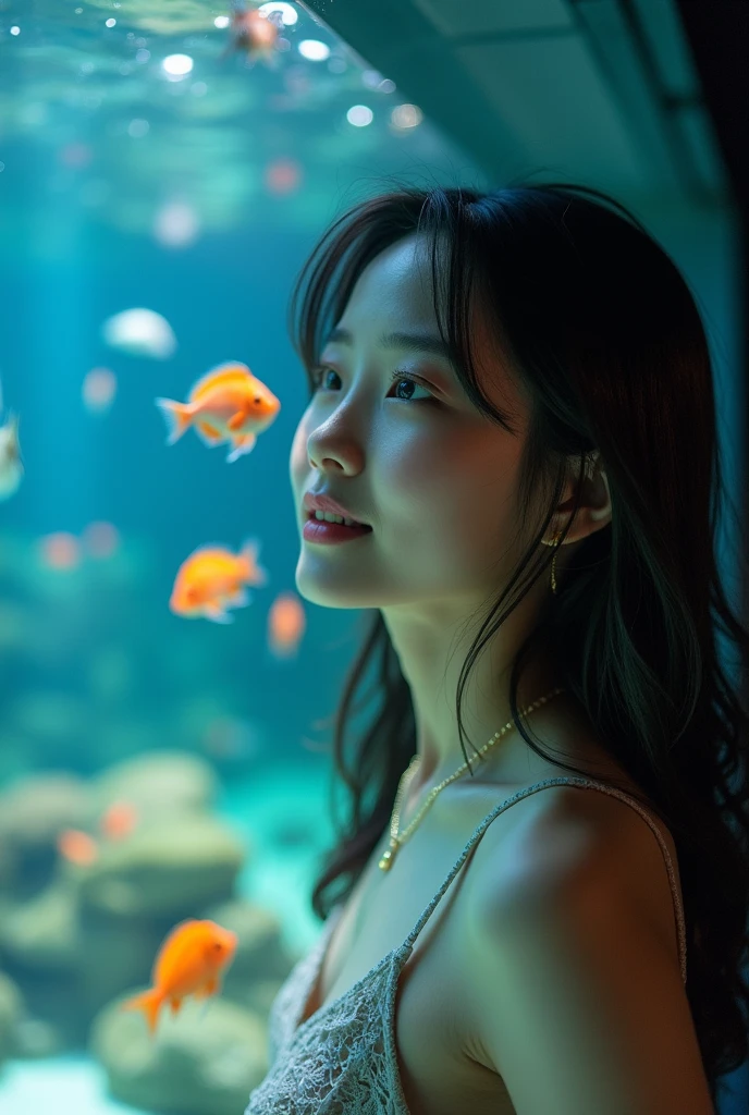 Very delicate and beautiful, wonderful, In detail, masterpiece, Very detailed, High resolution,Best shot, Best Shadow,Complex,Sharp focus, high quality, Japanese female 1 person, alone.cute,Fuka Koshiba,Yuki Sakurai, aquarium, Aquarium fish, Colorful coral reefs, Woman watching fish, Woman reflected in aquarium、There are fish swimming everywhere, Lens flare,Sleeveless,Beautiful breasts,Cool eyes,Glossy lips,smile,Glossy skin,Transparent skin,From below,From the waist up、Front blur、OM-D E-M1 Mark III,M.ZUIKO DIGITAL ED 17mm F1.2 PRO,F2.8