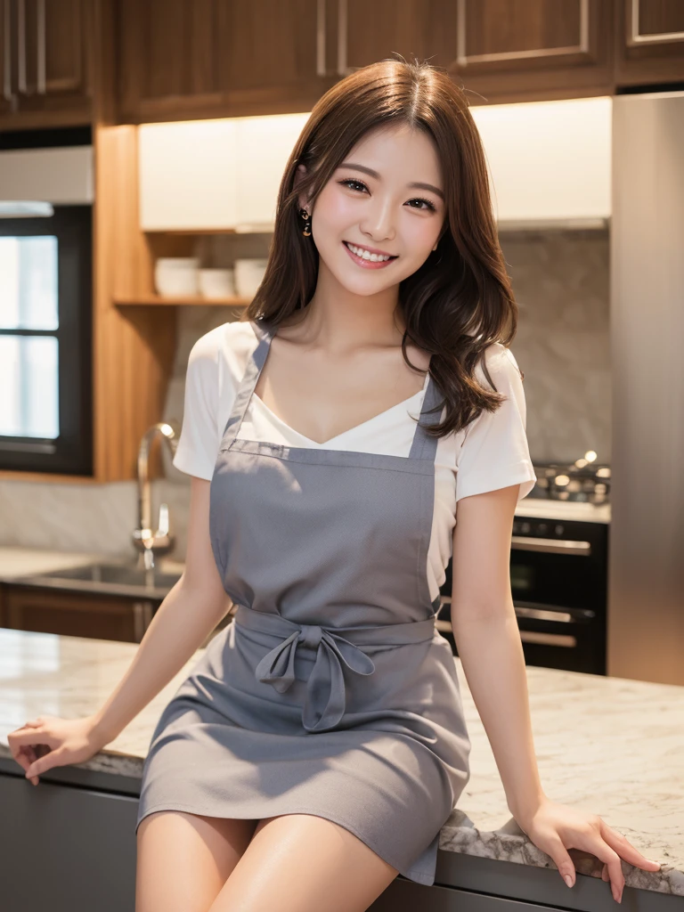 ((Highest quality))、(Natural and realistic ice star pieces、8k、photograph、reality、Japanese women、1 person、30th generation、married、From the knee up、kitchen、V-neck dress skirt、apron、(Sexy smile)、clear、Beautiful woman、elegant