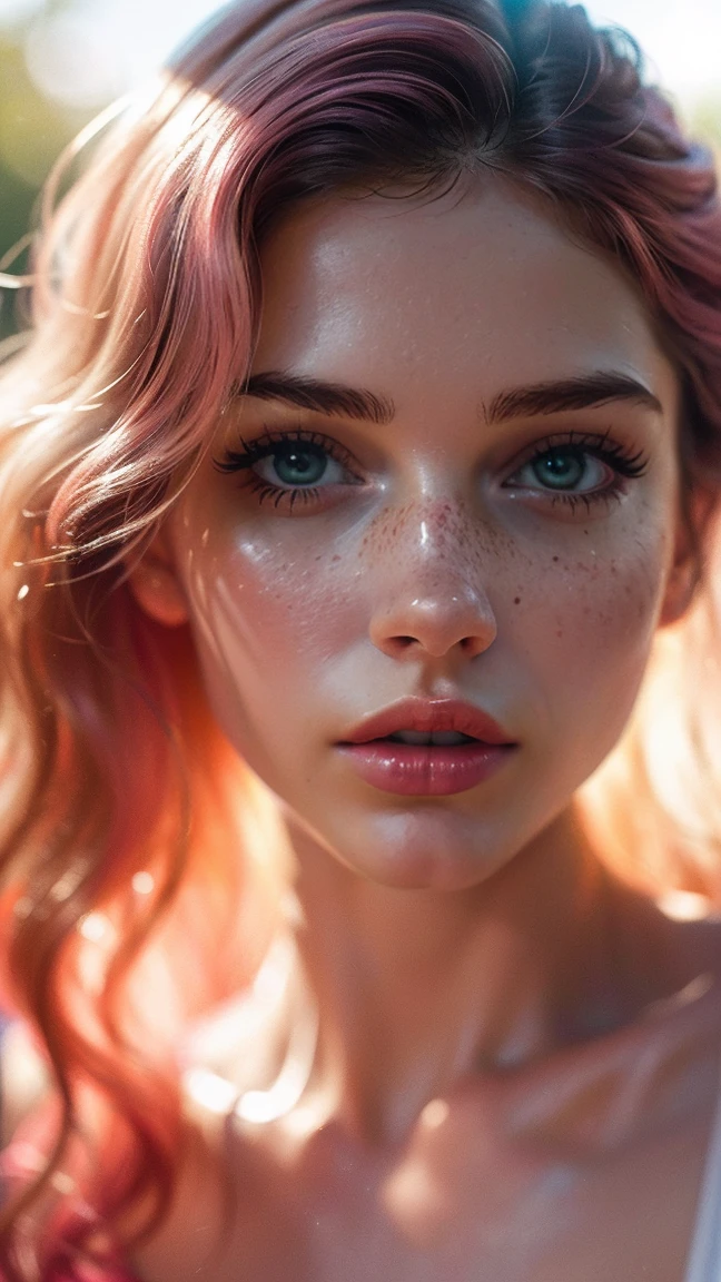 (((ultra realistic))) Photo, masterpiece, top quality, (pale skin), (Ultra detailed face and eyes:1.3), 1 girl, Adult, in a T-shirt, (Eye makeup, mascara) , ((large detailed lips)), ((pink wavy hair)), ((Chyolka)) , (Natural breasts), Slim waist. ((Posing)), photoshoot, studio (soft lighting), (The play of light and shadows), depth of field, bokeh, (special attention to skin detail: 1.2), Detailed leather texture, skin pores. (Airy atmosphere of the frame. Color range - delicate, Bright, white, Pink tones), UDR, ((Film grain)), ((rays)), ((glare of the sun)), ((waist up portrait, close to the camera)) , ultra detialed, 
