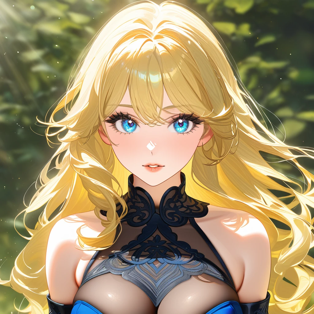 Tall Mature Women With Long blonde curly hair and Dark Blue Eyes , With Long black Eyelashes , Wearing Half sleeve White dress , Half portrait, Big chest , Hyper detailed eyes , hugh resolution, High quality, 4kHd , Masterpiece, Sharp Eyes