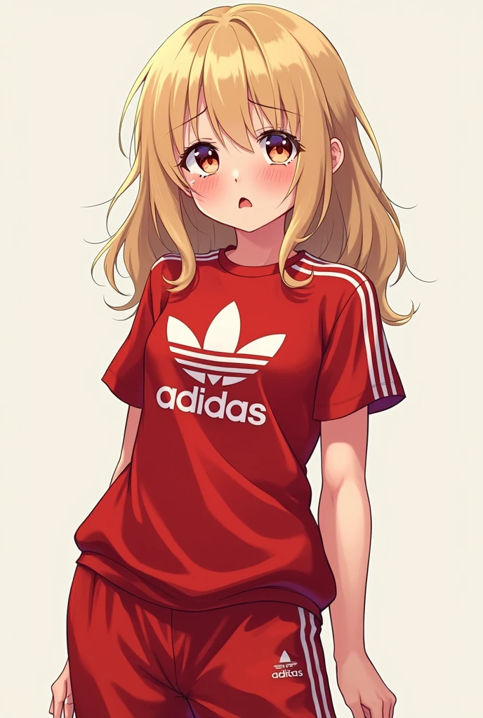 Red pants adidas, red shirt, red shoes, blonde hair, cute pretty, crying women 🥺😭, uwu face, take a toys