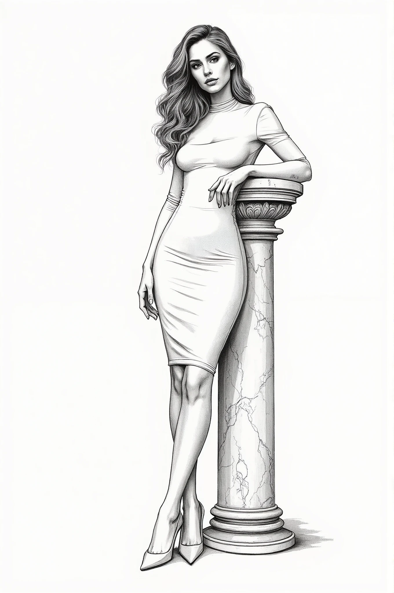 Ink drawing of a woman in a bodycon dress with a high neckline and long sleeves, leaning against a marble column,