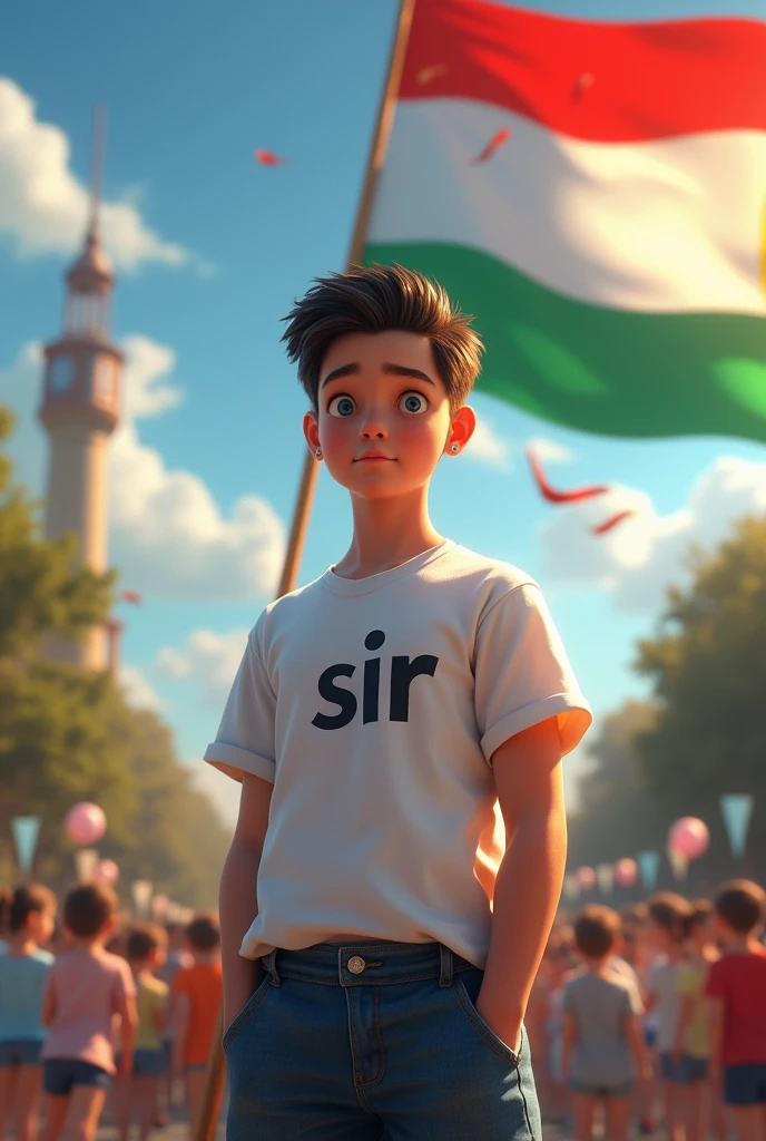 15 August ganrate image background flag and there is a boy and it is written on his t-shirt that sir he is a  boy 