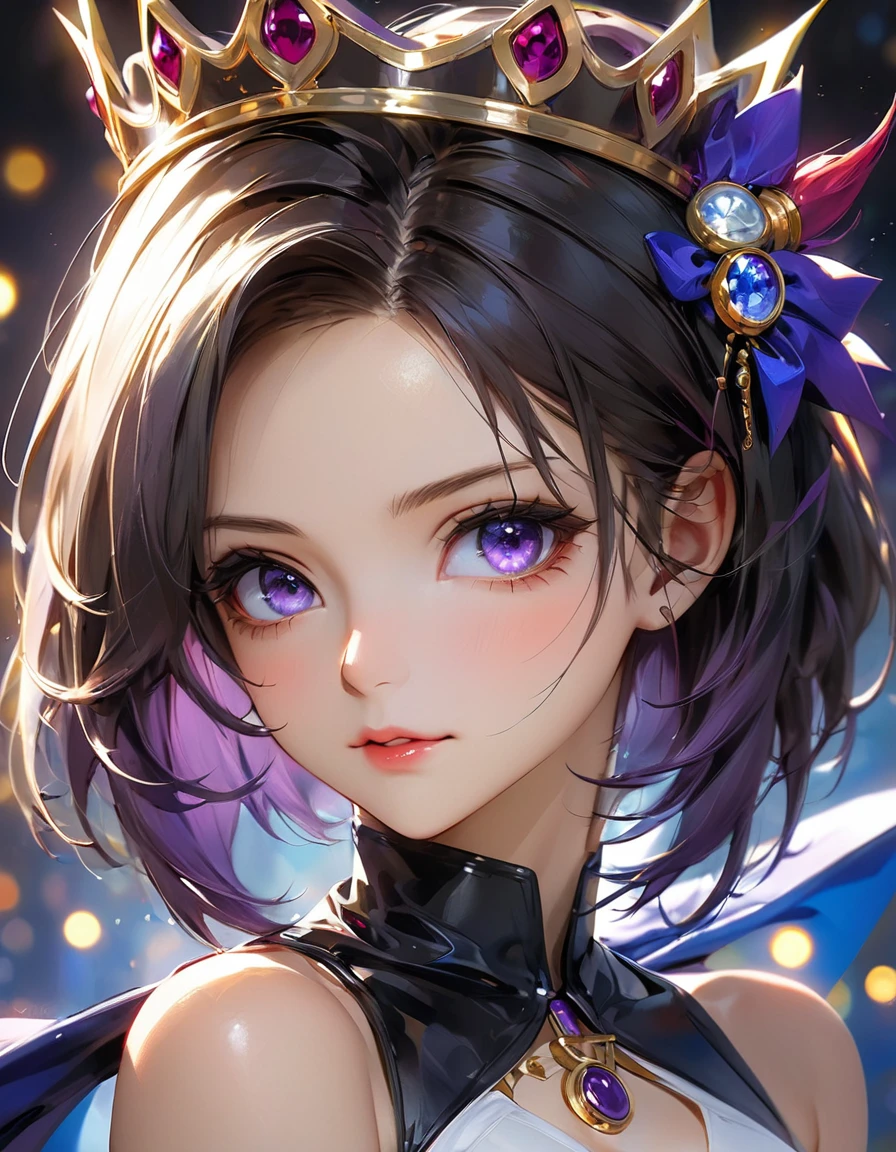 concept art by Pino Daeni, Jeremy Mann, Greg Rutkowski, Konstantin Razumov, Vladimir Volegov Realistic closeup portrait of a model 4k beautiful dentes de vampiros zangada Alita + vegeta sexy ceios empinados soft ONLY blue brilhante eyes black and purple spirit, red threads, key light reflected in the eyes, red crown on the head, painted background, studio portrait, soft light, bezel lighting, shimmer in the eyes, bokeh background, picturesque, buff painting, (detailed faces:1. 3), (Detailed Eyes:1.3 8K,