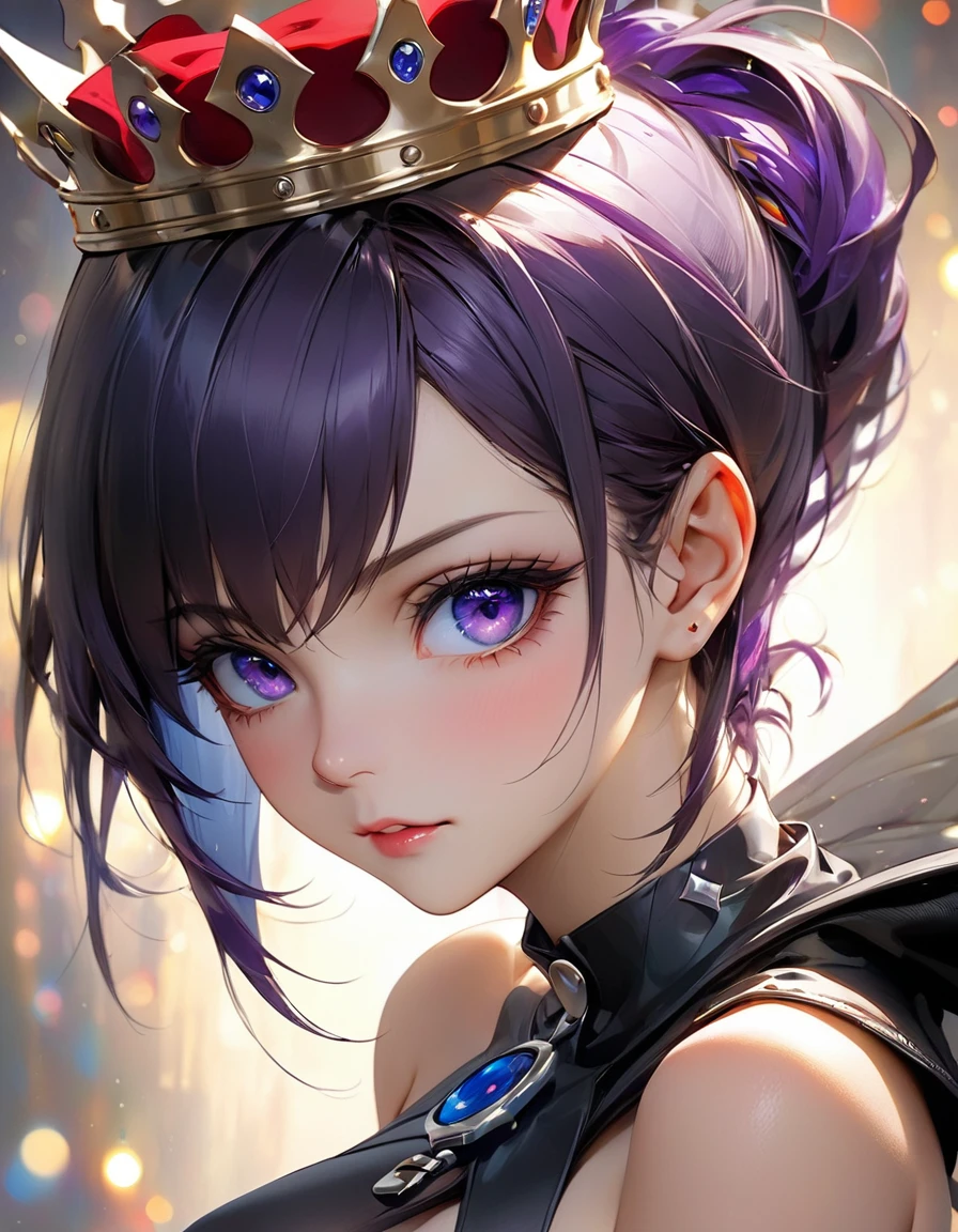 concept art by Pino Daeni, Jeremy Mann, Greg Rutkowski, Konstantin Razumov, Vladimir Volegov Realistic closeup portrait of a model 4k beautiful dentes de vampiros zangada Alita + vegeta sexy ceios empinados soft ONLY blue brilhante eyes black and purple spirit, red threads, key light reflected in the eyes, red crown on the head, painted background, studio portrait, soft light, bezel lighting, shimmer in the eyes, bokeh background, picturesque, buff painting, (detailed faces:1. 3), (Detailed Eyes:1.3 8K,