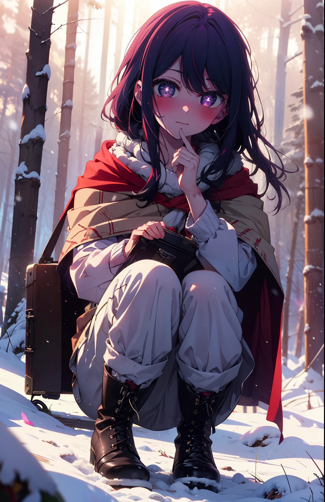 aihoshino, Ai Hoshino, Long Hair, bangs, (Purple eyes:1.1), Purple Hair, (Symbol-shaped pupil:1.5), smile,,smile,blush,white breath,
Open your mouth,snow,Ground bonfire, Outdoor, boots, snowing, From the side, wood, suitcase, Cape, Blurred, , forest, White handbag, nature,  Squat, Mouth closed, Cape, winter, Written boundary depth, Black shoes, red Cape break looking at viewer, Upper Body, whole body, break Outdoor, forest, nature, break (masterpiece:1.2), Highest quality, High resolution, unity 8k wallpaper, (shape:0.8), (Beautiful and beautiful eyes:1.6), Highly detailed face, Perfect lighting, Extremely detailed CG, (Perfect hands, Perfect Anatomy),