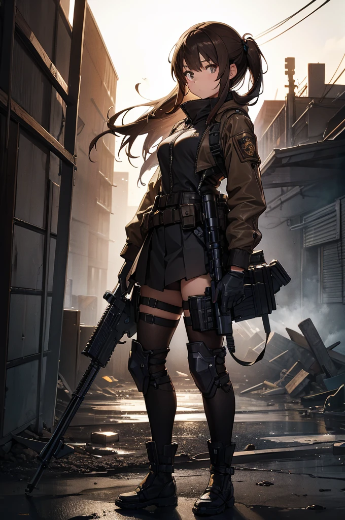 In the spotlight, holding_gun, assault_rifle, Very detailed, Brown Hair, Long Hair, Anime Style, whole body, alone, Stylish Gunfighter Girl, Holding a steampunk long barrel pistol,Standing in the wasteland, 8K high resolution, White Background, The background is a dark and desolate landscape, Horror movie atmosphere. Her figure is very beautiful, Emphasizing the dark and crazy elements. Skillfully expressing the effects of light and shadow, Anime girl with gun and rifle standing in front of a building, from Girls&#39; Frontline, mechanized soldier girl, Girls&#39; Frontline style