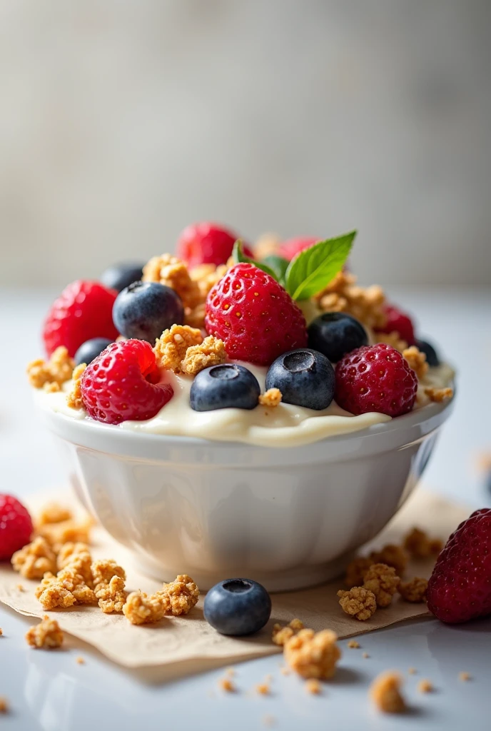 a small bowl filled with greek yogurt, fresh berries, and granola, product photography, high quality, detailed, realistic, professional, studio lighting, sharp focus, detailed texture, clean background, warm color tones, appetizing, food styling, high resolution