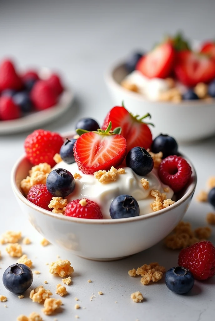 a small bowl filled with greek yogurt, fresh berries, and granola, product photography, high quality, detailed, realistic, professional, studio lighting, sharp focus, detailed texture, clean background, warm color tones, appetizing, food styling, high resolution