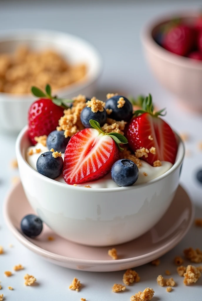 a small bowl filled with greek yogurt, fresh berries, and granola, product photography, high quality, detailed, realistic, professional, studio lighting, sharp focus, detailed texture, clean background, warm color tones, appetizing, food styling, high resolution