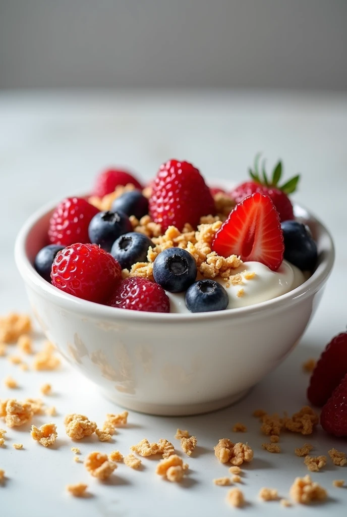 a small bowl filled with greek yogurt, fresh berries, and granola, product photography, high quality, detailed, realistic, professional, studio lighting, sharp focus, detailed texture, clean background, warm color tones, appetizing, food styling, high resolution
