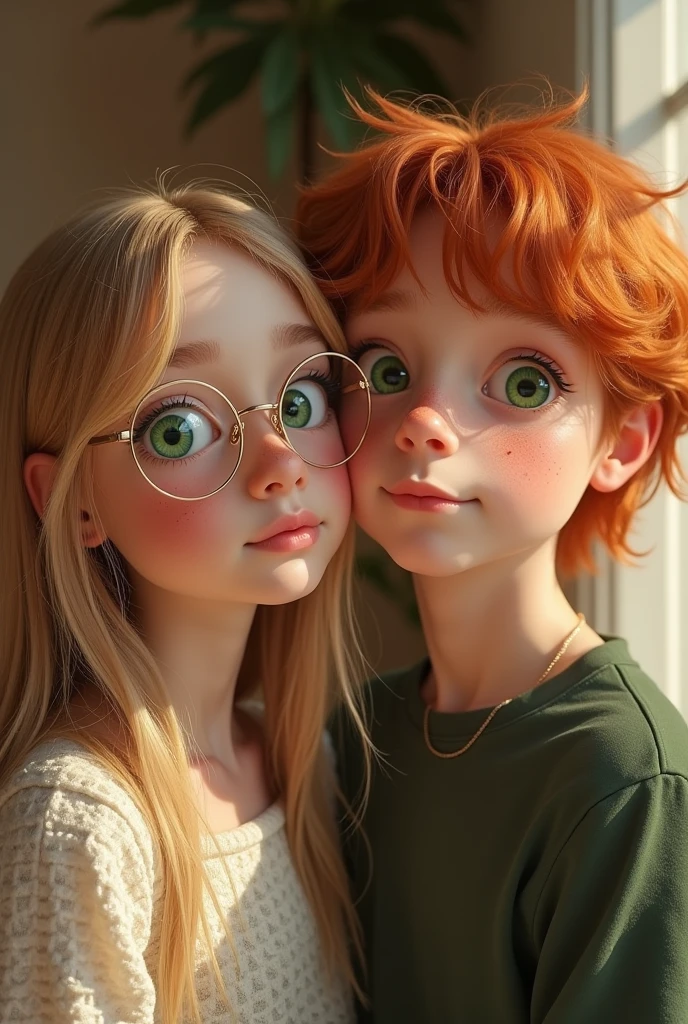 Un couple qui se fait un câlin. Il sont 14ans , the girl she has straight blonde hair with green eyes she has gold oval round glasses she has transparent gloss on her lips her skin color is Belgian ,the boy has straight red hair with green eyes his skin color is Belgian with freckles on his face.