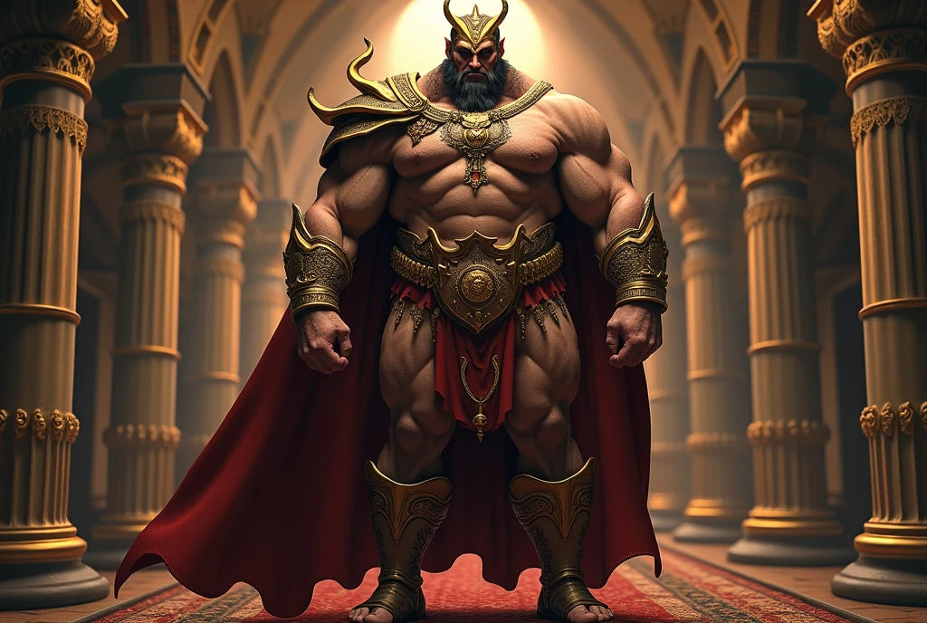 realist, (masterpiece), (photorealist:1.3), ultra detailed, (high detailed:1.2), (Best Quality:1.0),  manly, muscular, Tall Man, chest hair, A man in royal attire and a golden mask., covered with a small insulting armor, fancy, full body character sheet, huge bulge in crotch, cuerpo muscular, full body view, inside a castle, very small thread loincloth, Haircut, Shadow of six o&#39;clock.