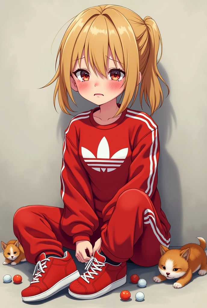 Red pants adidas, red shirt, red shoes, blonde hair, cute pretty, crying women 🥺😭, uwu face, play toys