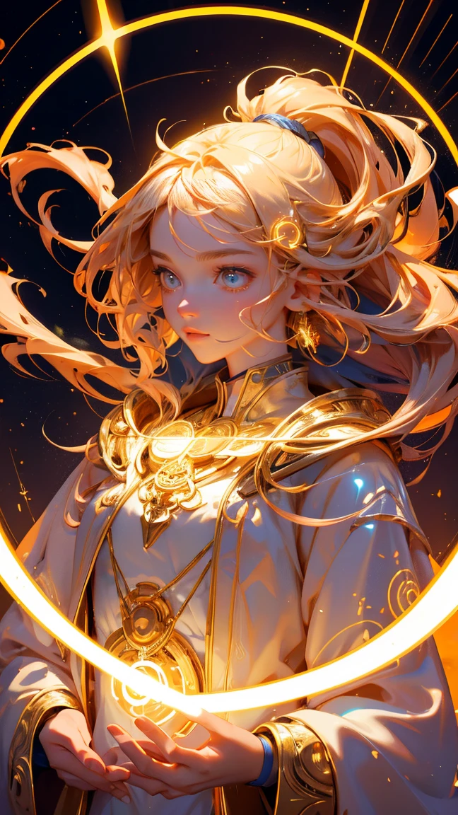 An enchanting and futuristic scene set in a magical, technologically advanced environment. The central character is a small, wise, and mystical figure with large, expressive eyes and an intricate hairstyle, dressed in a glowing, golden robe adorned with symbols of technology and magic. The character is casting a spell, with golden digital symbols and holographic icons floating around them, illuminating the space. Replace this character with a beautiful, cute girl who has the same magical and futuristic theme. The new character should have similarly styled clothing, glowing with the same golden light and adorned with technological symbols that seamlessly blend with the overall environment. Keep the background and floating symbols exactly the same to preserve the mystical and tech-infused atmosphere.