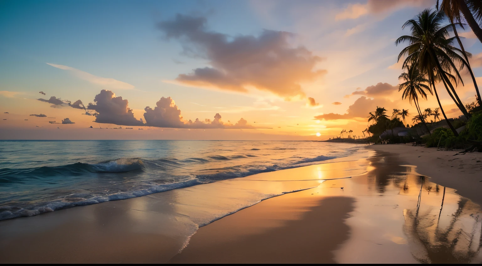 Sunset on the beach Reflection of light Palm trees on the edge
