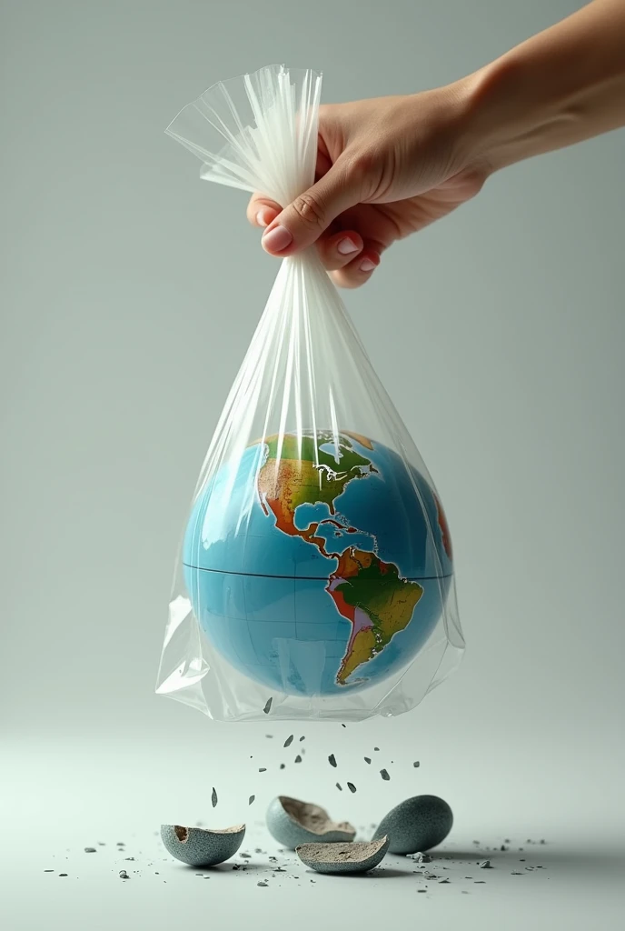 A hand holding a plastic bag, but the bag's bottom is ripped, and out of it falls a small earth globe, shattering as it hits the ground.