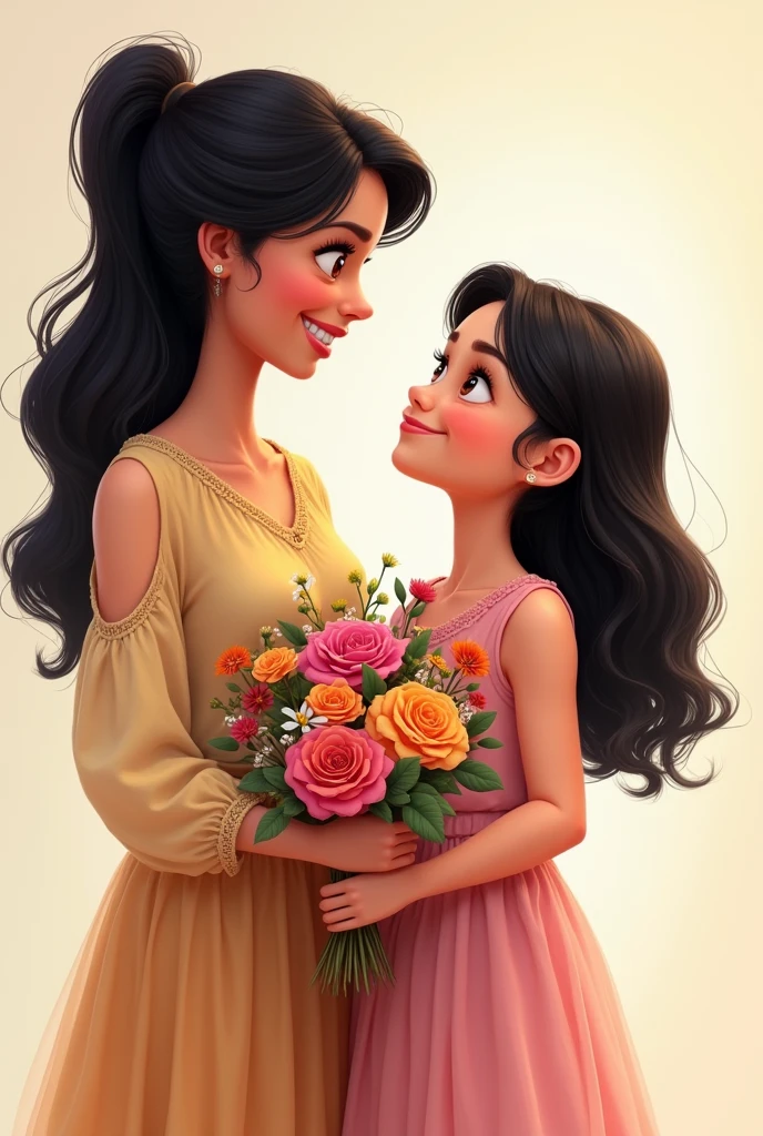 one vovo, middle-age, de skin fair, black hair accompanied by her granddaughter, one , 4 anos, medium hair, sweetie, skin fair, with a light pink dress, she holding a beautiful bouquet of different flowers , they are smiling, olhando one para a outra, drawning, disney pixar style