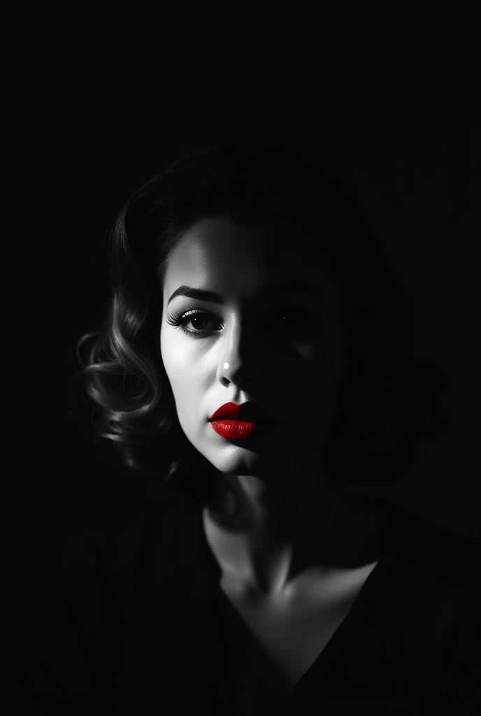 Photo noire et blanc, film noir style, Maginifique, 1fille, Seulement, demi-corps, Dramatic lighting, monochrome, high contrast, ombres dramatiques, 40s style, Mysterious, cinematic, Bright red lips (((Only lips red)))Here is the generated prompt: A close-up shot of the woman in a soft-contrast dreamy scene, enveloped in a delicate pink fabric wrap with gentle folds and subtle glow, her fair skin and curly brown hair (with bangs) illuminated by this ethereal enshroudment as she slumbers amidst plush hydrangea petals. Brushstrokes whisper pinks, whites, and lilacs, weaving a tapestry of serenity and tranquility. The subject's soft features, adorned with curls and subtle pink hue, are set against a lush verdant background, evoking peaceful reverie.