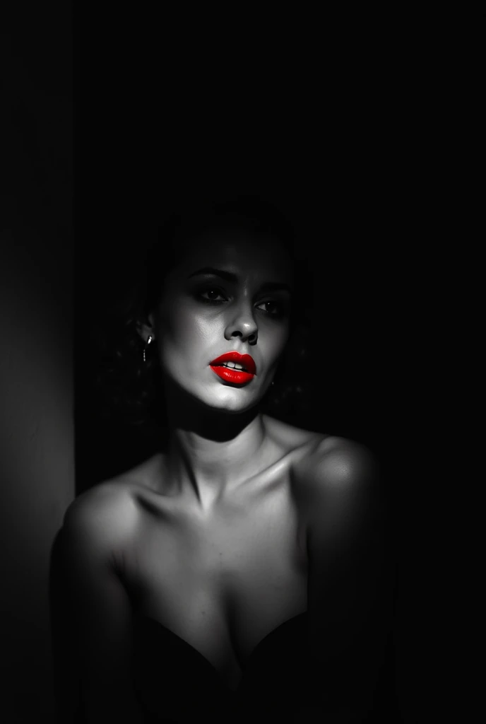 Photo noire et blanc, film noir style, Maginifique, 1fille, Seulement, demi-corps, Dramatic lighting, monochrome, high contrast, ombres dramatiques, 40s style, Mysterious, cinematic, Bright red lips (((Only lips red)))Here is the generated prompt: A close-up shot of the woman in a soft-contrast dreamy scene, enveloped in a delicate pink fabric wrap with gentle folds and subtle glow, her fair skin and curly brown hair (with bangs) illuminated by this ethereal enshroudment as she slumbers amidst plush hydrangea petals. Brushstrokes whisper pinks, whites, and lilacs, weaving a tapestry of serenity and tranquility. The subject's soft features, adorned with curls and subtle pink hue, are set against a lush verdant background, evoking peaceful reverie.