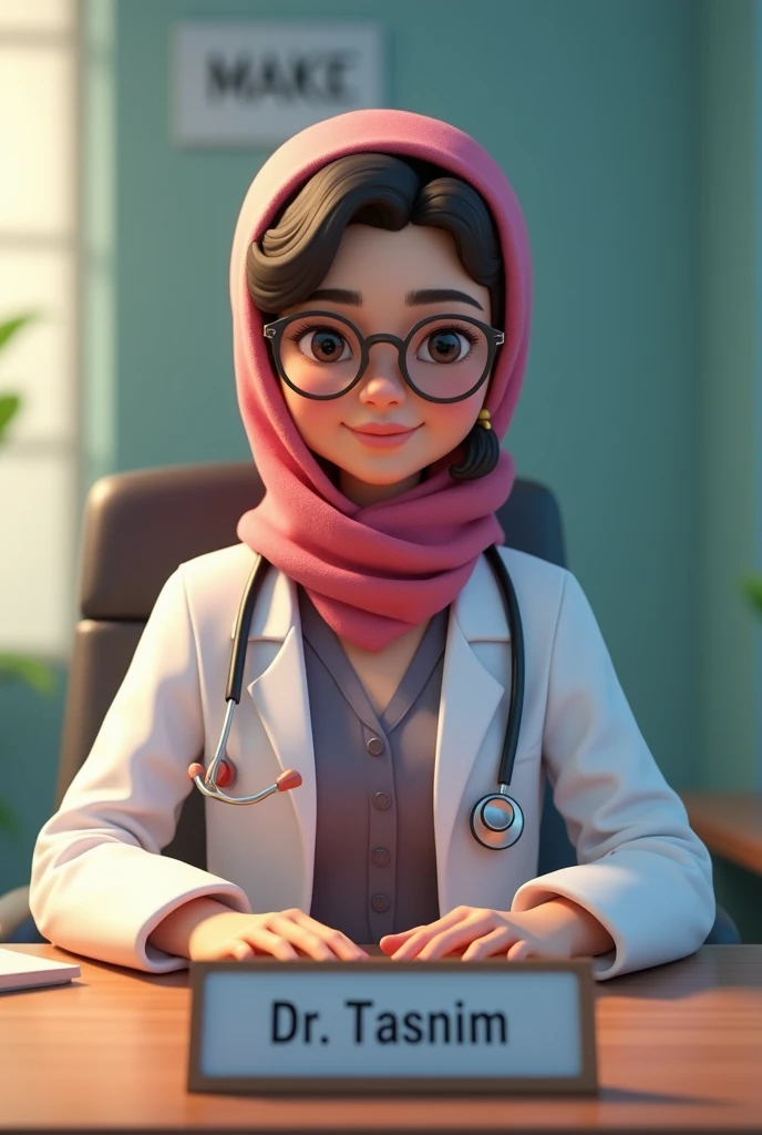 there is a indian girl wearing scarf around head , sitting at a desk with a stethoscope, doctor, realistic 3d style,There is a name plate on the table and on it is written "Dr. Tasnim" medical doctor, wearing lab coat and a blouse, for hire 3d artist, wearing lab coat and glasses, (doctor), official fanart, 3d realistic, fanart, range murata and artgerm, with a lab coat,