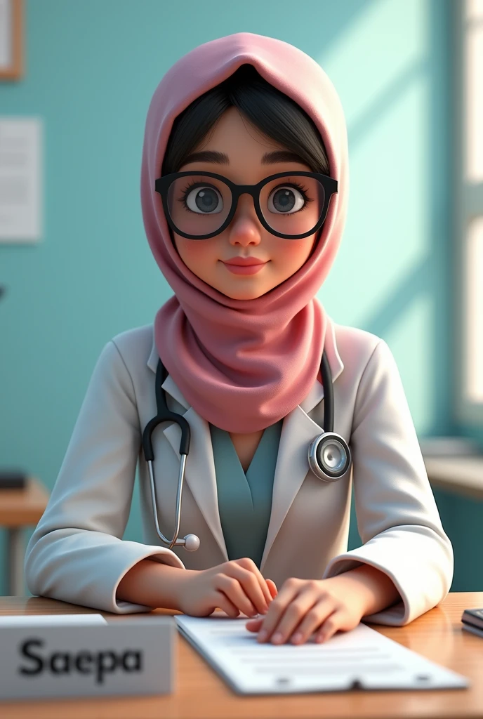 there is a indian girl wearing scarf around head , sitting at a desk with a stethoscope, doctor, realistic 3d style,There is a name plate on the table and on it is written "Dr. Tasnim" medical doctor, wearing lab coat and a blouse, for hire 3d artist, wearing lab coat and glasses, (doctor), official fanart, 3d realistic, fanart, range murata and artgerm, with a lab coat,