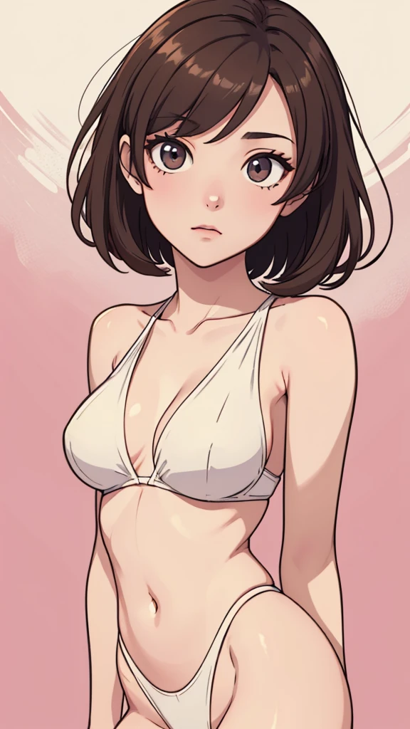 (((masterpiece, best quality, ultra highres, 1 girl, solo, no background))), super detailed skin and face and eyes and finger, beautiful japanese woman, small breasts:1.5, skinny, light brown hair, white background, very short pixie hair, cowboy shot, Generate with illustrations, Various expressions, Various poses, Please draw the entire character within the frame, ensuring that the head, arms, and legs are not cut off. The background should be simple, with the character positioned centrally, outline, anime, 2d, boyish, thong, expressionless,