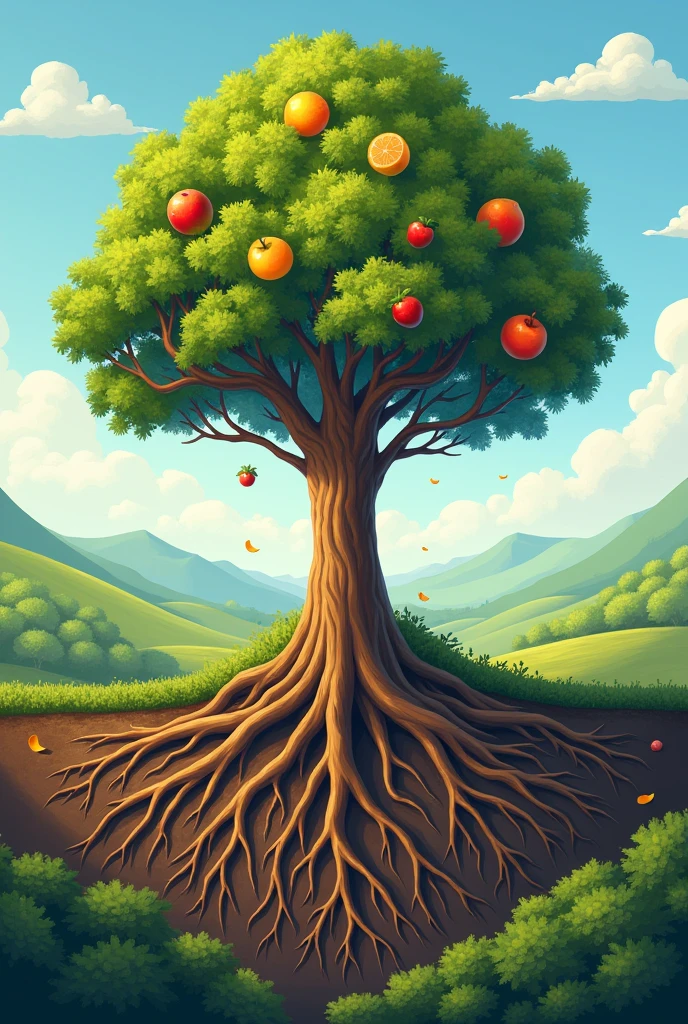 Draw a tree with deep roots, where each root represents a principle of conscious consumption (Reduce, reuse, recycle, rethink). The fruits of the tree could symbolize the benefits of this type of consumption, as a healthy planet, sustainability and less pollution.