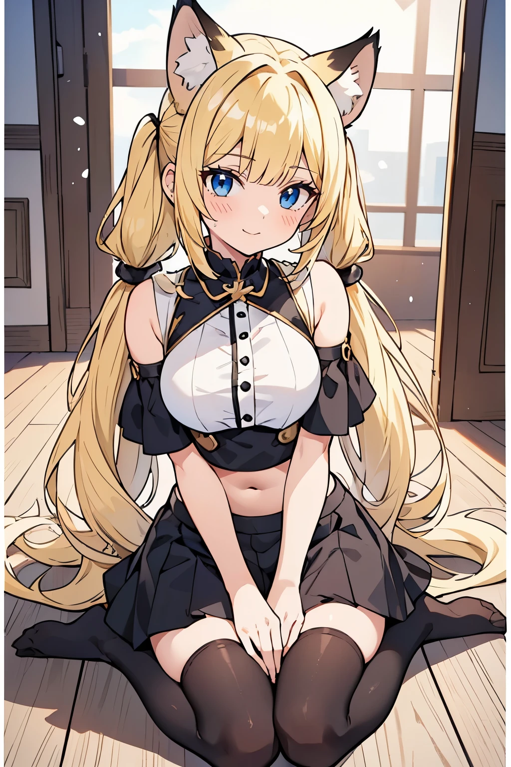 1 girl, female figure, (medium small breasts), (young female body: 1.4), fairy_tail_style, light blue eyes, golden sunny blonde hair, wavy sunny yellow hair, pigtails, hime cut, blunt bangs, black snow leopard animal ears, fluffy tail, black animal ears, black and white long tail,, tights, long big lynx tail, black animal tail, black and white cat ears, hallway background, black skirt, crop top, white tail with black spots, sitting on ground, black tail in lap, kneeling