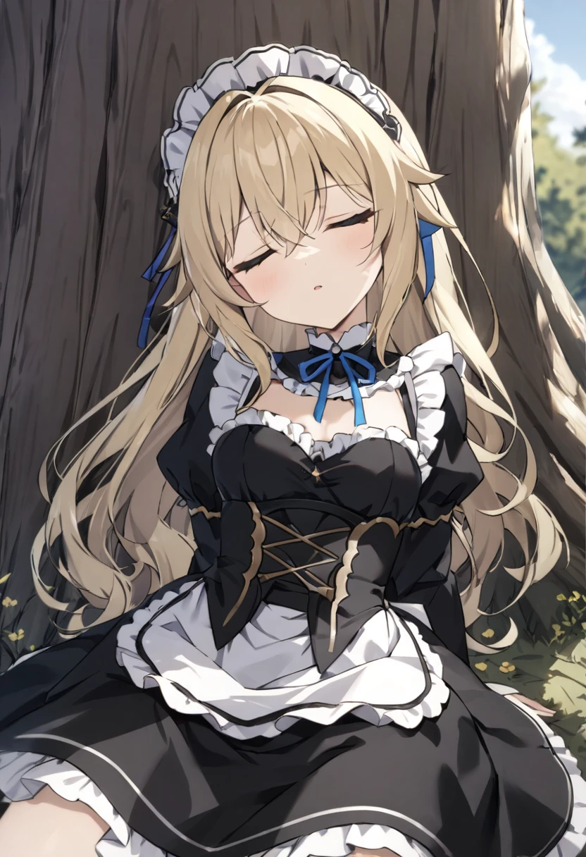 ((Highest quality)), ((Ultra-high resolution)), ((masterpiece)), (detailed), (Perfect Face), (detailedなイラスト), (Perfect Eyes), (detailedな目)girl, cute, (Blonde, Small breasts, Black Dress, White apron, Blue ribbon, Gold A-line, Gold accents, Gothic maid outfit, Long), Leaning against a tree, Sitting, With both eyes closed, Sleeping, looks comfortable, Eyes closed, afternoon nap, 