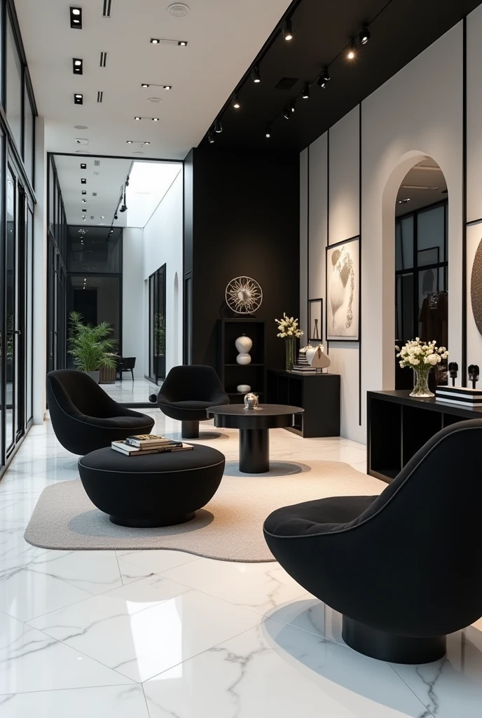 Create retail shop with black and white furniture