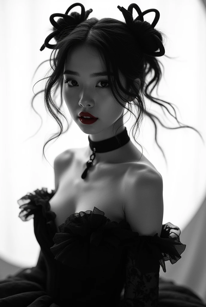 Photo noire et blanc, film noir style, Maginifique, 1fille, Seulement, demi-corps, Dramatic lighting, monochrome, high contrast, ombres dramatiques, 40s style, Mysterious, cinematic, Bright red lips (((Only lips red)))A close-up portrait of a young woman with mesmerizing features, surrounded by whimsical twintails styled in Ainu-inspired traditional attire merged with Gothic ta fashion. She poses mid-flight, décolletage softly lit against a crisp white background. The intricate embroidery on her floor-length ball gown subtly catches the eye, as piercing blue eyes and impressive breasts command attention.