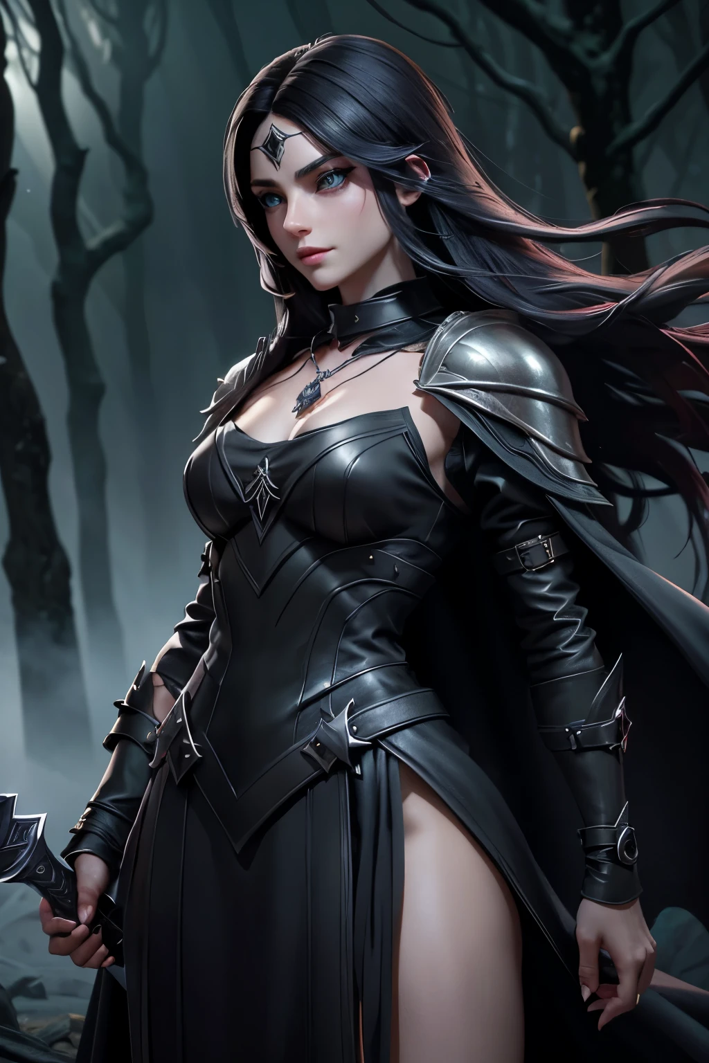A young woman in a medieval setting, with long straight black hair with small reddish highlights, falling into a fringe over the forehead. Her green eyes are highlighted by dark makeup and mysterious shadows.. She wears black leather armor, adorned with silver details, and a long, dark cape that flutters in the wind. in the neck, a necklace with a pentagram pendant that glows with arcane energy. She wields a thin, elegant sword, carved with ancient runes. His expression is confident and enigmatic, exuding dark and mystical power. The surrounding scenery should suggest a dense, dark forest, with fog and deep shadows.