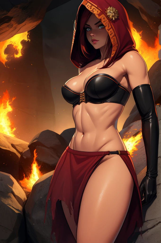 Dsorceress, redhair, shadowy face,dark cave, fire, hood, shadowed cute face, mini skimpy strapless bra, slim and athletic body, skinny thighs, skimpy slit loincloth, no underwear, no panty, elbow gloves, dark skin, 1 girl (insanely detailed, masterpiece, best quality)