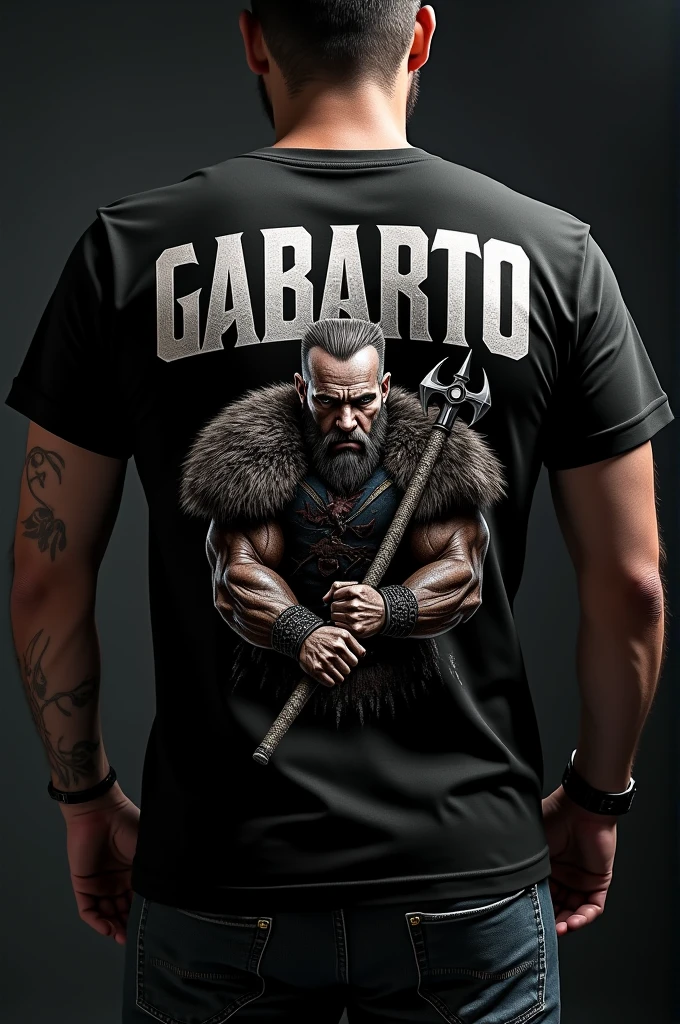 Photo of a black t-shirt called GABARTO and the name GABARTO in 3D on the back, dan bergambar viking