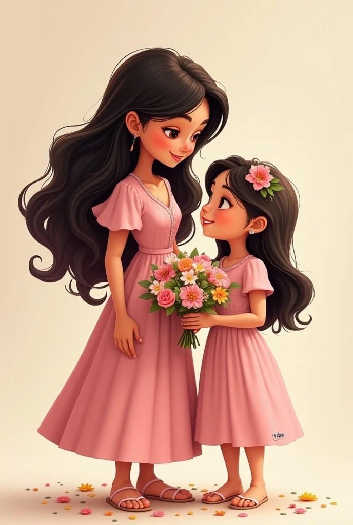 one vovo skin fair, dark hair accompanied by her granddaughter, one , 4 anos, medium hair, sweetie, skin fair, with a light pink dress, she holding a beautiful bouquet of different flowers , they are smiling, olhando one para a outra, drawning, disney pixar style
