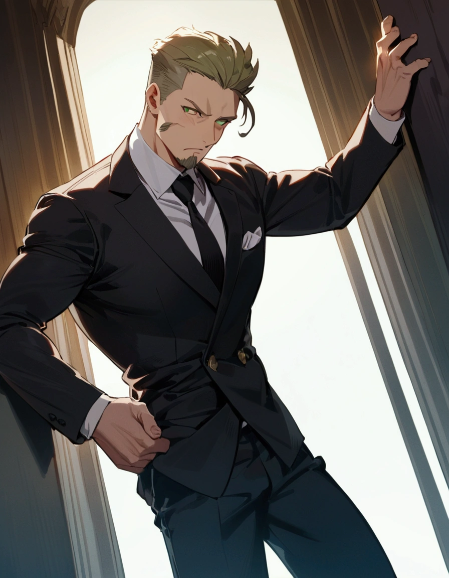 1man, man in black, vigorous mature, business hair with asymmetrical bangs, goatee, green platina blond hair, emerald eyes, BREAK 45yo, charming caucasian, slightly long chiseled face, deep set, angular jaw, facial wrinkles, crewcut, BREAK ideal ratio body proportions, middle weight muscular, beautiful detailed eyes, dark hero, BREAK solo, funeral black suit, black necktie, white shirt, at wall street, detailed background, serious, cool expression, natural standing, BREAK upperlegs, dramatic expression, in persona style, masculine comic art, 2010s, retro visual novel, in newest eroge style, dutch angle, cinematic shadows, cinematic lighting, lens flare, light leaks, texture, absurdres absolutely resolution, extreme all detailed, greatest painting, BREAK masterpiece, best quality