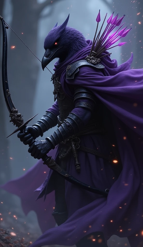  "Yoshitaka Amano's Raven swiftly moves through the shadows, his deep purple leather armor blending into the darkness. With a graceful motion, he nocks several arrows onto his black bow and releases them in a rapid, fluid motion, each arrow glowing faintly with magic as they streak through the air."