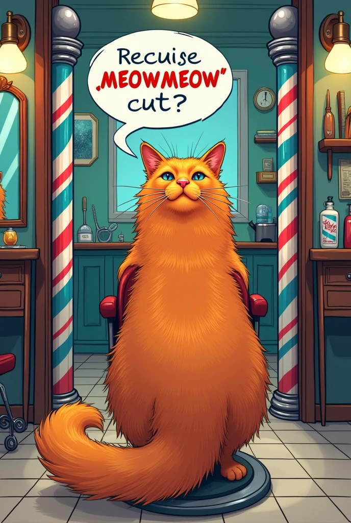 A cat with long hair entering a barbershop asking for a "meowmeow cut please ", the text is in a bubble like comics