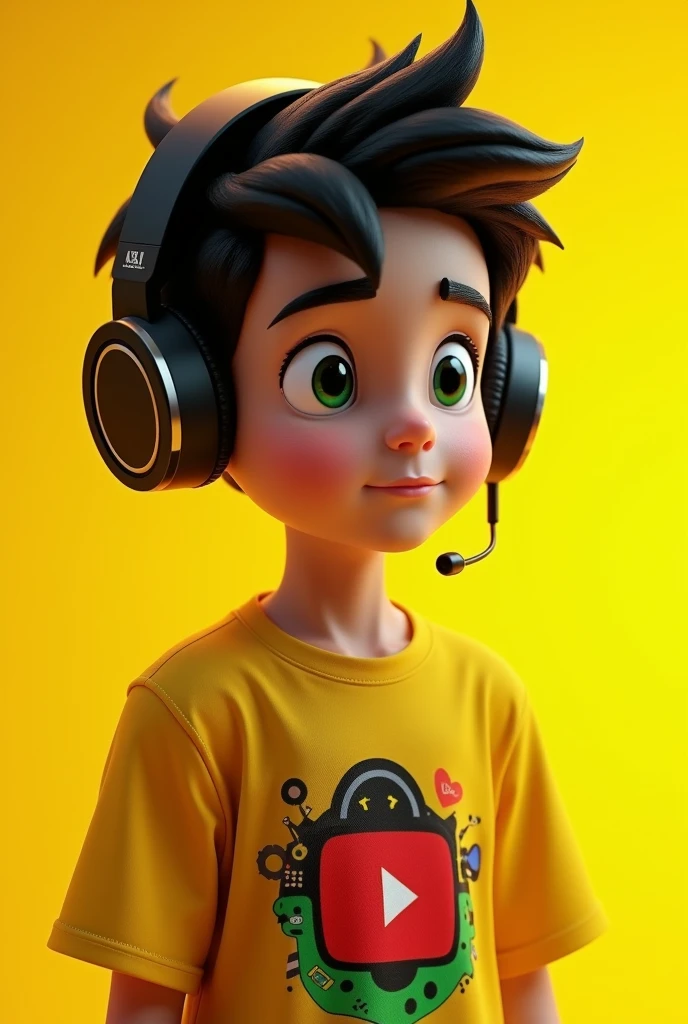 Create a high-definition, high-contrast, and
yellow colour saturation RenderMan image of a age boy with black hair, wearing a black and green and cute youtube red emoji t-shirt He's equipped with cool gaming headphones, epic pro earport and a young boy .The boy is looking slightly to the left with a sigma expression and fat young man